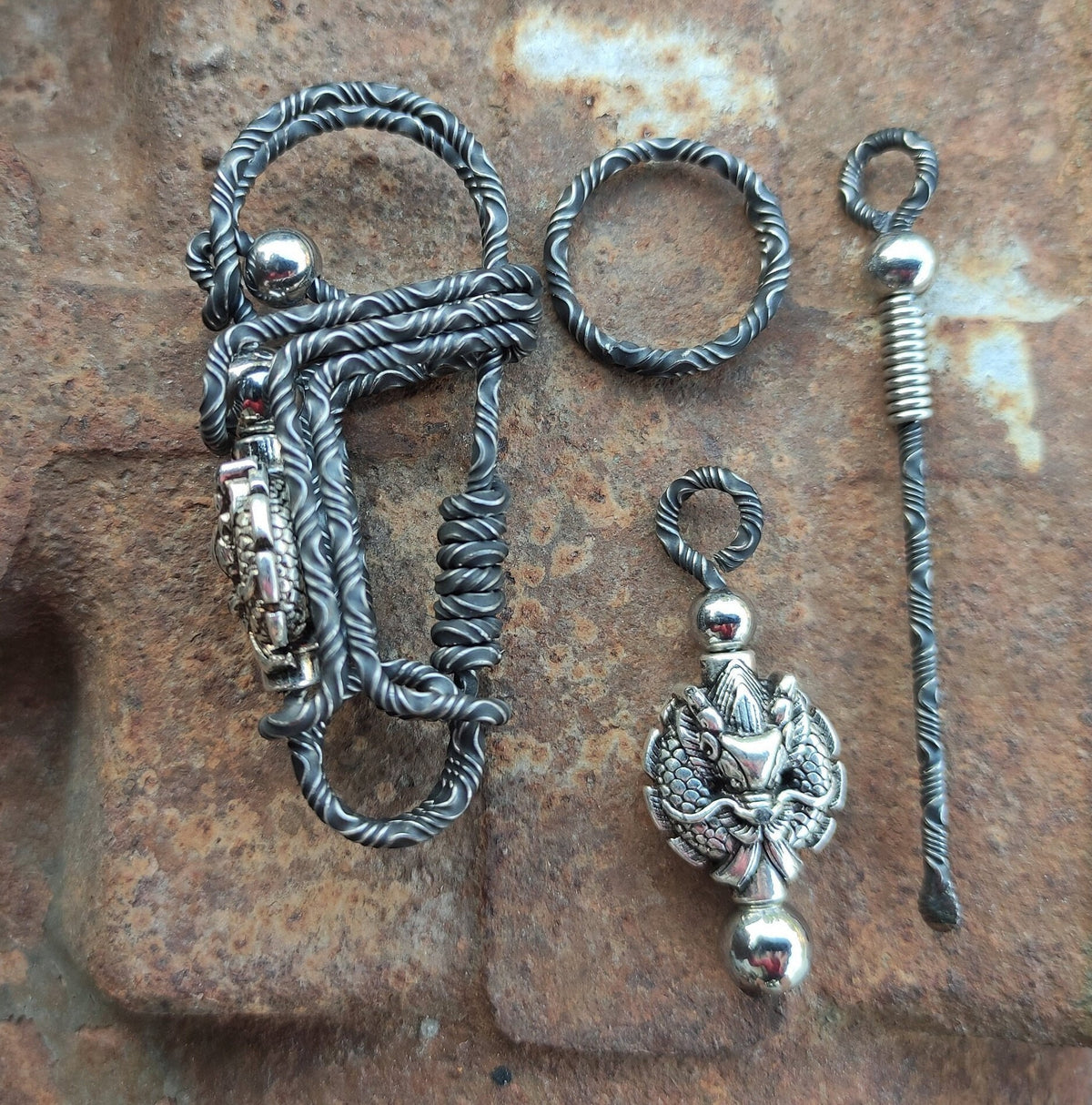 Damascus Dragon Emblem | Custom Engraved EDC Keychain